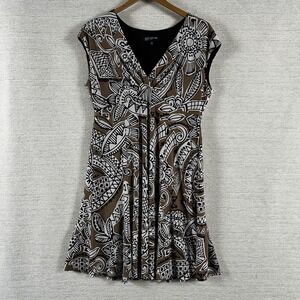 Jones New York Petite Top 12P Brown Print Empire Waist Pleated Career Blouse